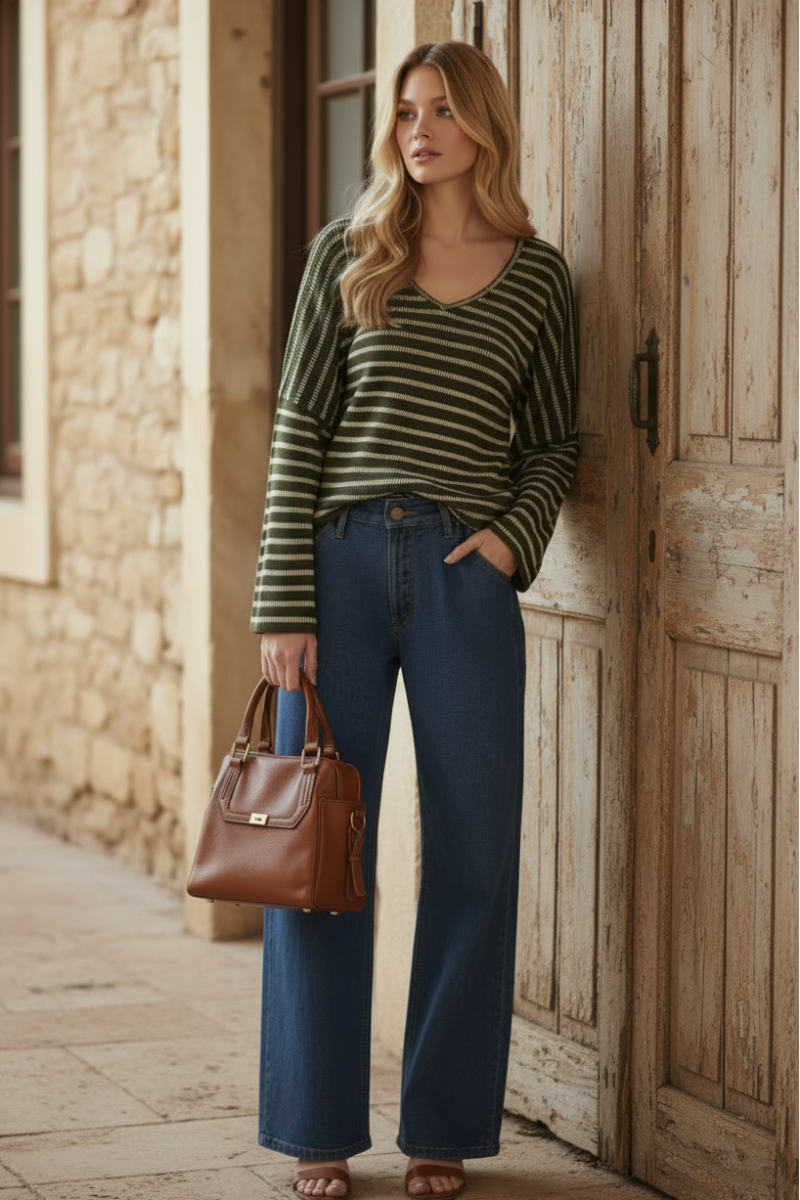 PLUS SIZE STRIPE DOLMAN SLEEVE KNIT SWEATER TOP HMET6943