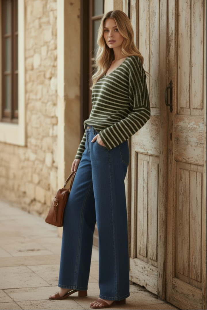 PLUS SIZE STRIPE DOLMAN SLEEVE KNIT SWEATER TOP HMET6943