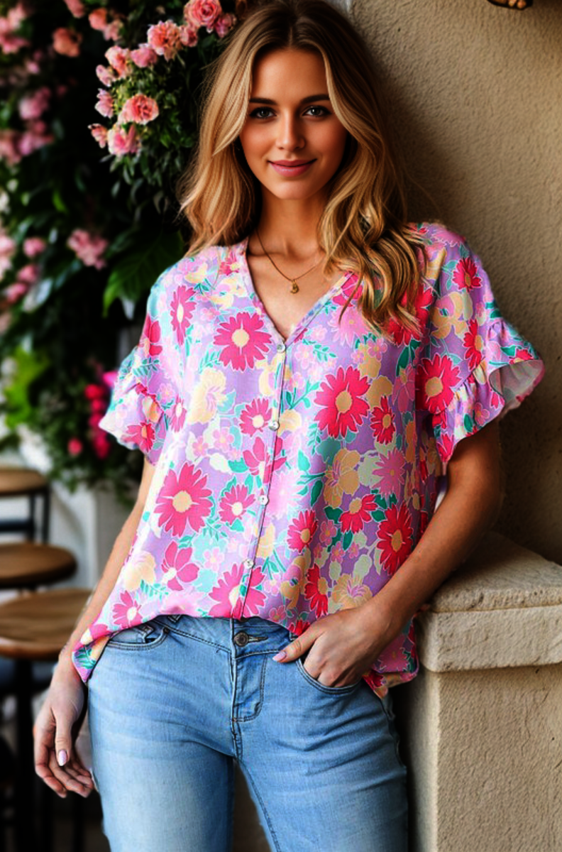 RUFFLED V NECK FLORAL PRINT TOP WITH BUTTON