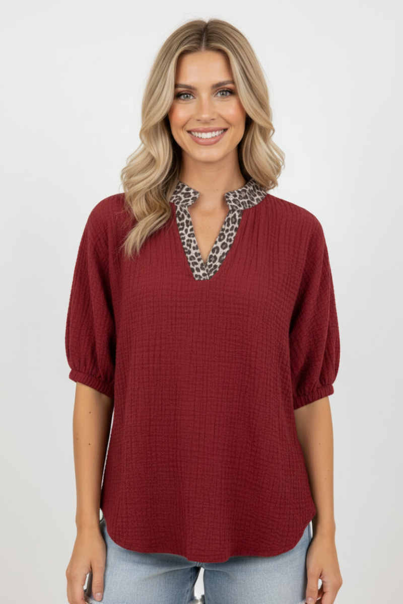 PLUS SIZE MANDARIN COLLAR ANIMAL PRINT CONTRAST TOP HMET8102