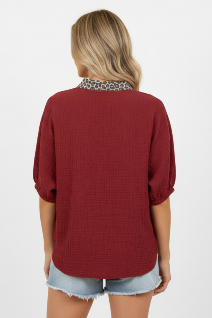 PLUS SIZE MANDARIN COLLAR ANIMAL PRINT CONTRAST TOP HMET8102