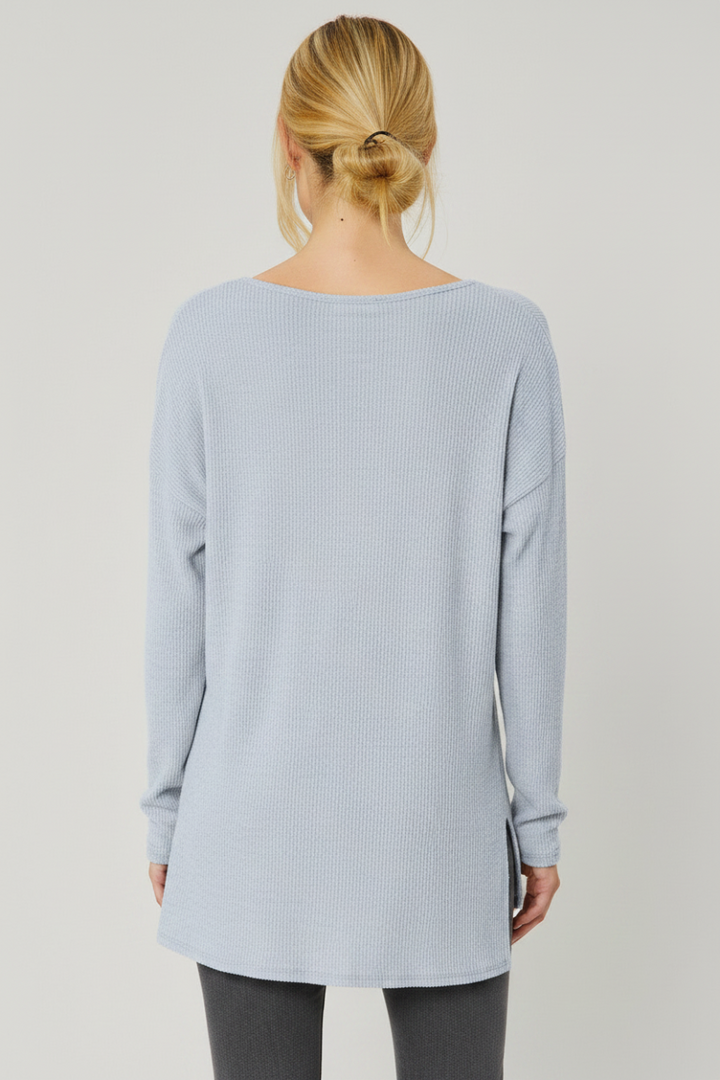 HEATER GREY V-NECK SOFT TOUCH RIB KNIT TOP FSLST3067-