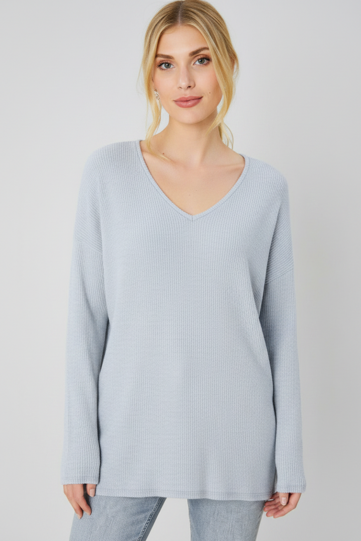 HEATER GREY V-NECK SOFT TOUCH RIB KNIT TOP FSLST3067-