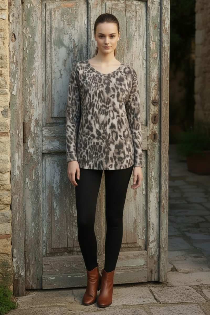 ANIMAL PRINT V-NECK  LONG DOLMAN SLEEVE HI-LOW TOP H7253LSP-