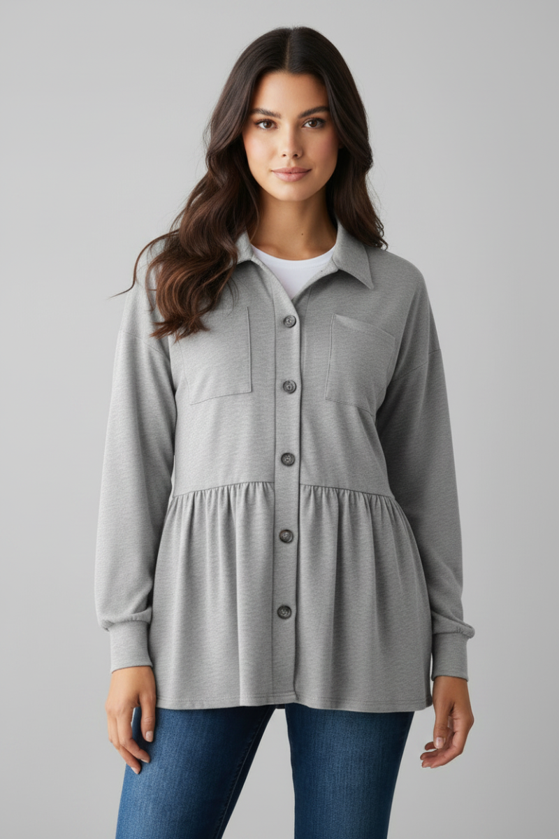 PUFF SLEEVE BUTTON DOWN SHACKET TOP HMEJ6739