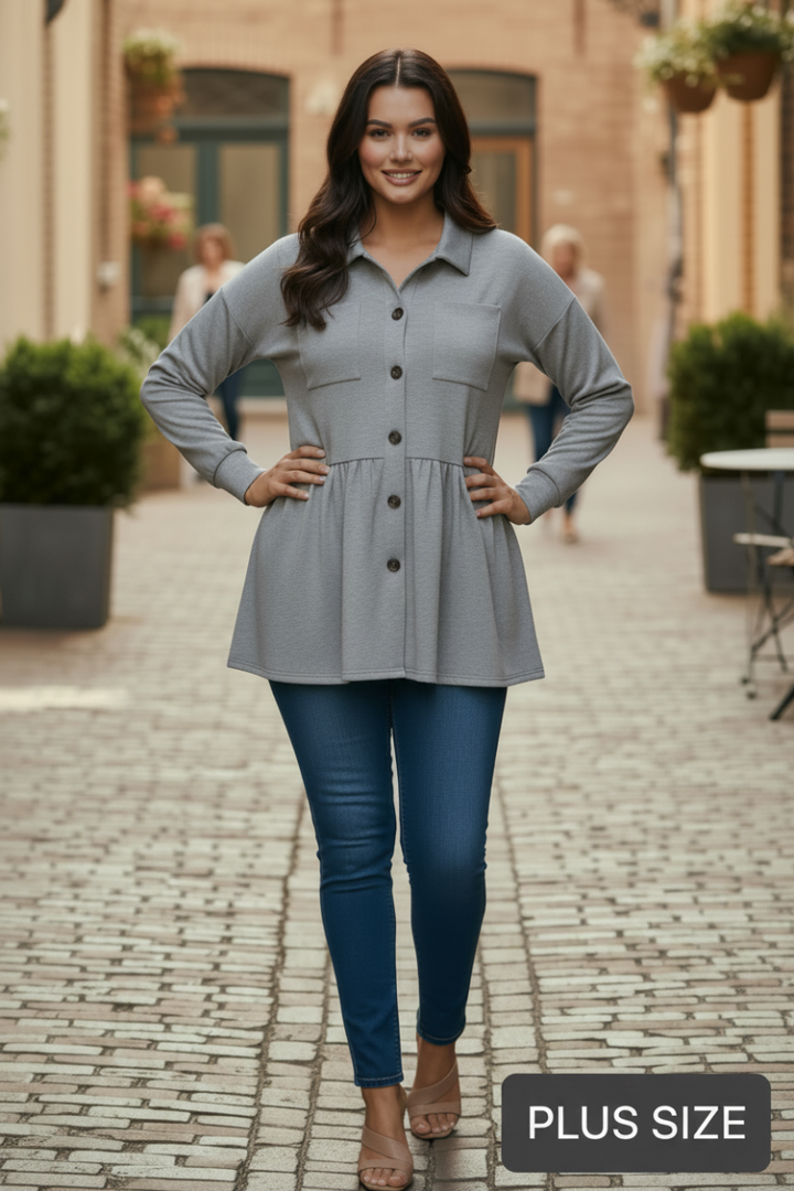 PLUS SIZE PUFF SLEEVE BUTTON DOWN SHACKET TOP HMEJ6739