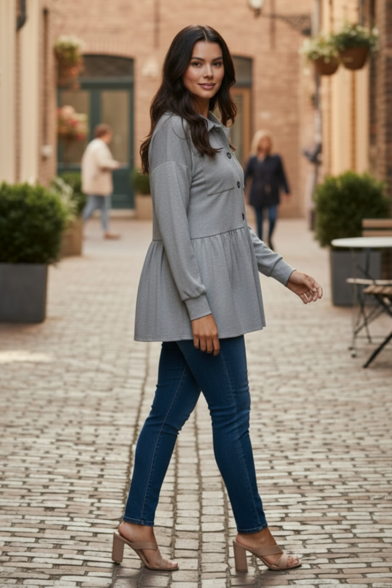 PLUS SIZE PUFF SLEEVE BUTTON DOWN SHACKET TOP HMEJ6739