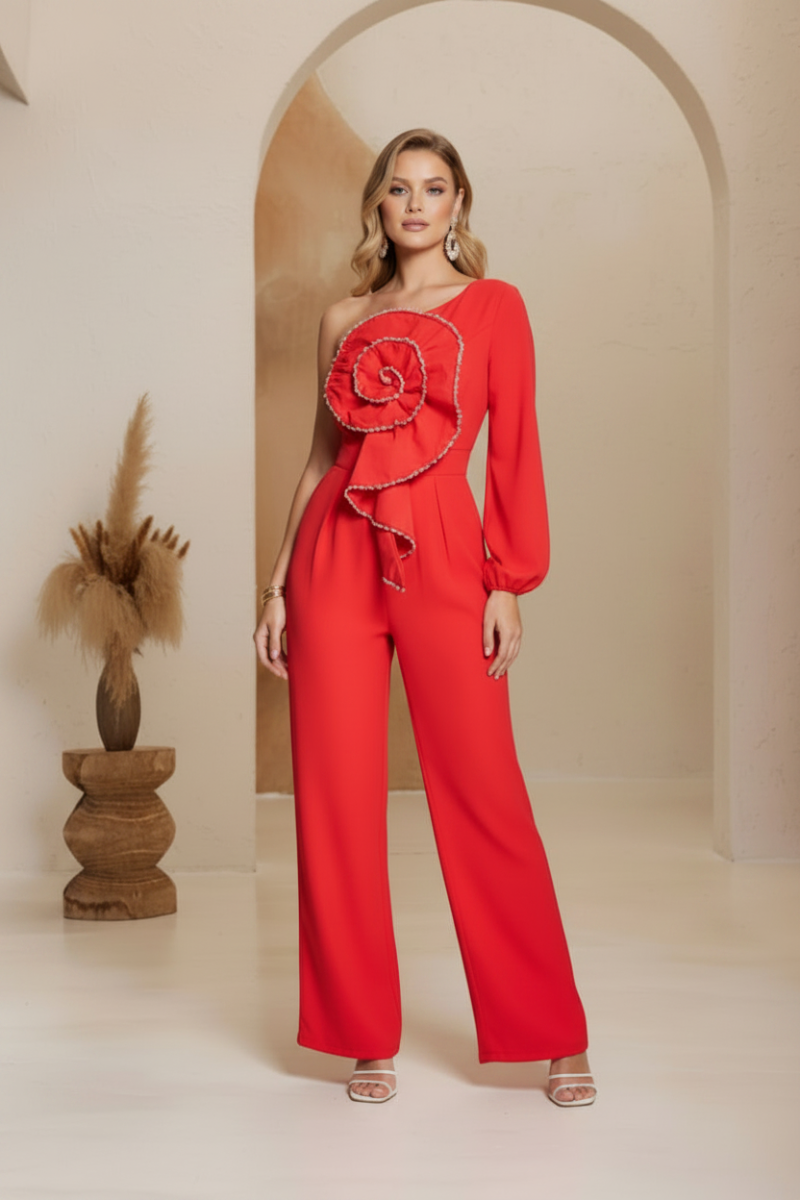 RED ONE SHOULDER LONG SLEEVE WIDE LEG FLARE JUMPSUIT .CJ52556