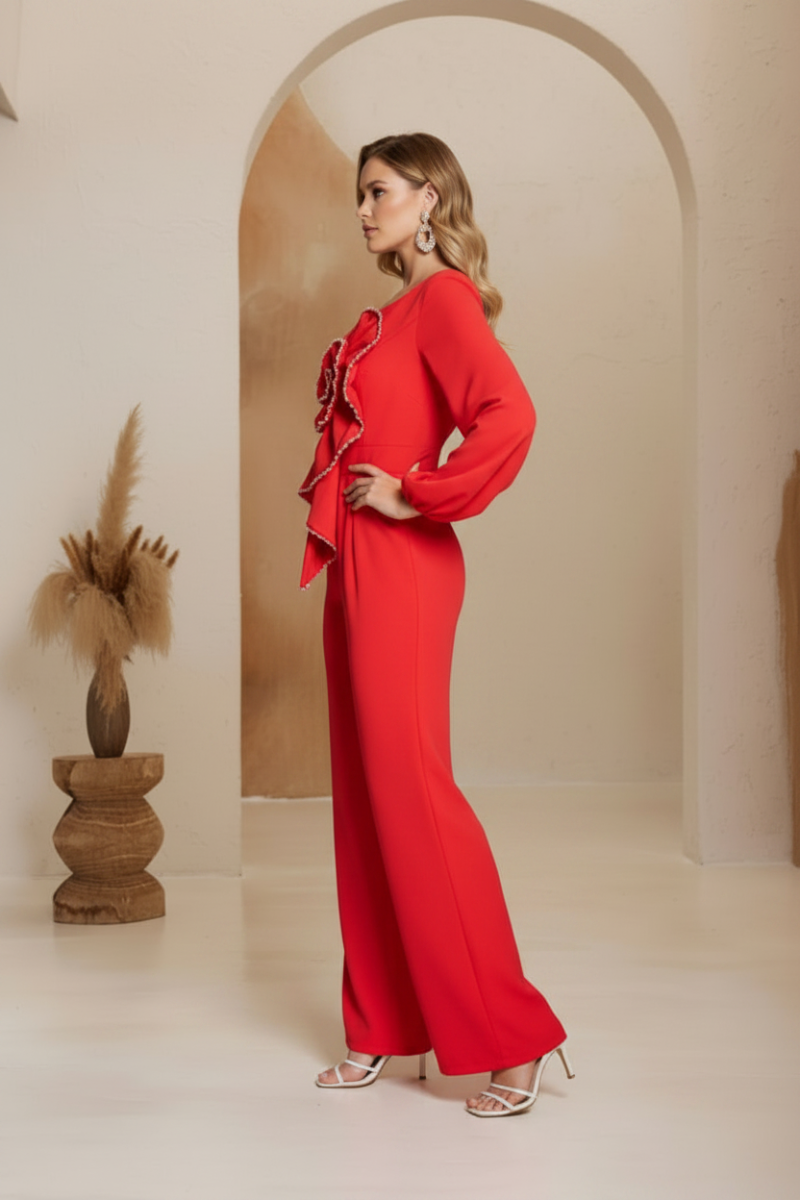 RED ONE SHOULDER LONG SLEEVE WIDE LEG FLARE JUMPSUIT .CJ52556