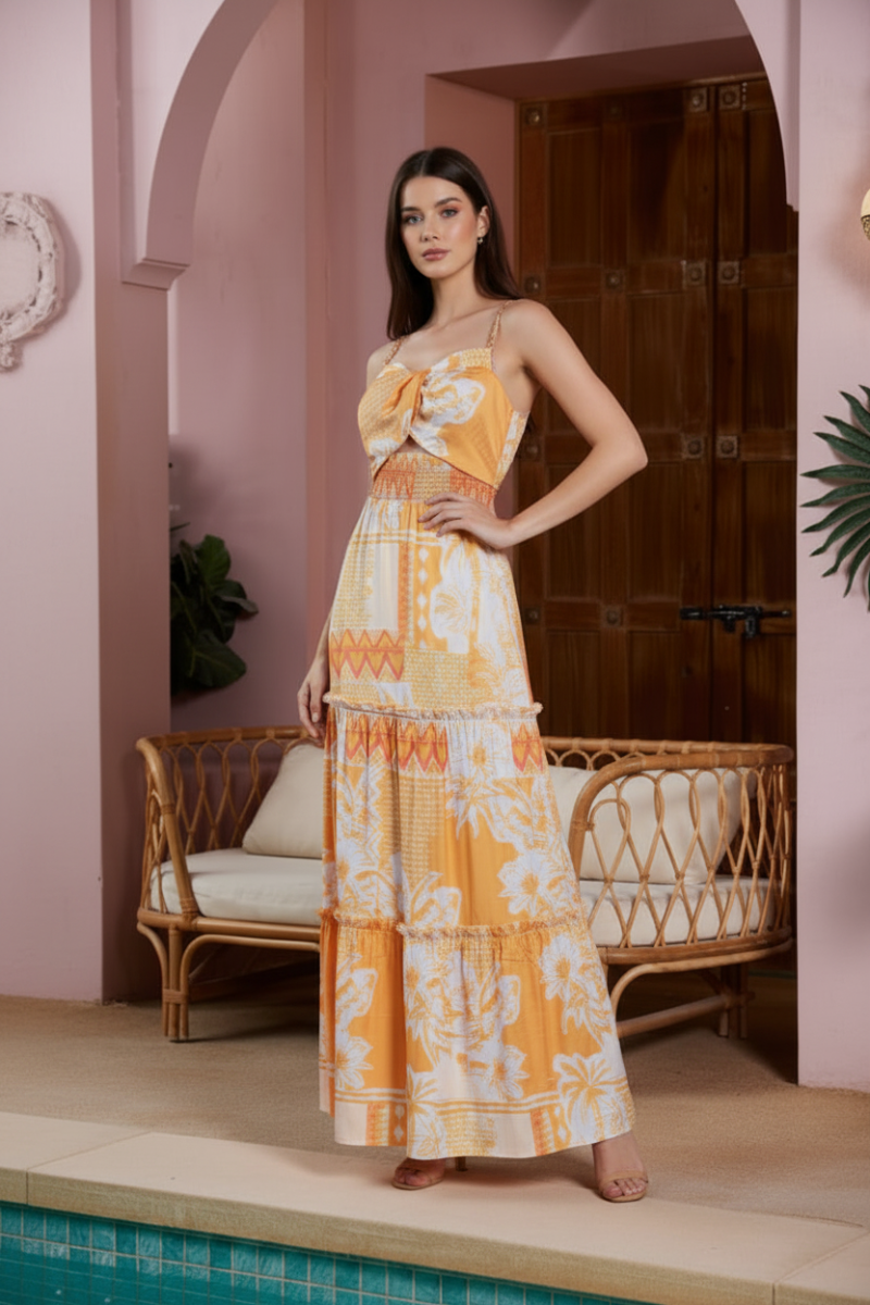 FLORAL PRINT SPAGHETTI STRAP ELASTIC WAIST MAXI DRESS. CWCD39830