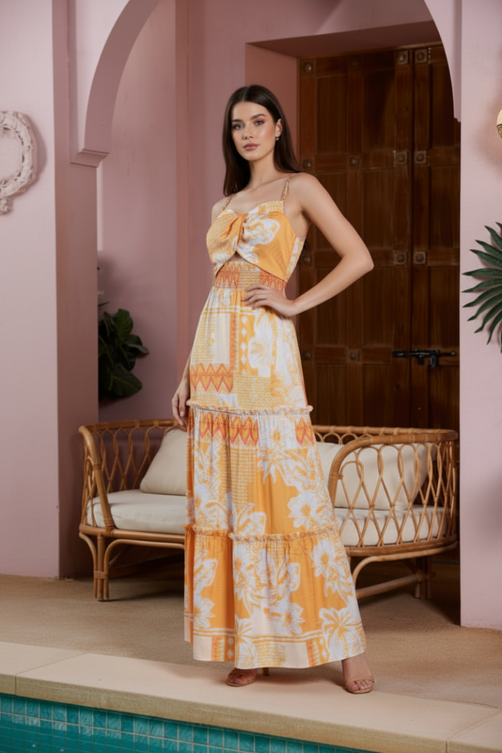FLORAL PRINT SPAGHETTI STRAP ELASTIC WAIST MAXI DRESS. CWCD39830