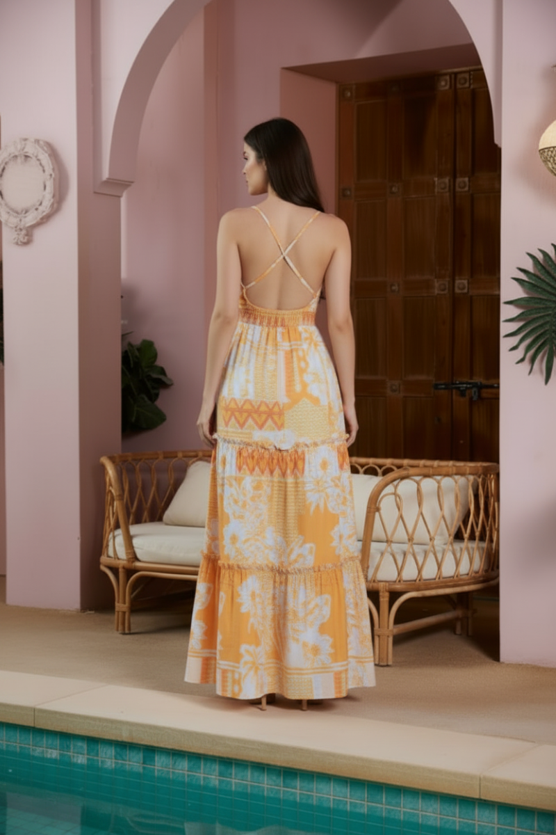 FLORAL PRINT SPAGHETTI STRAP ELASTIC WAIST MAXI DRESS. CWCD39830