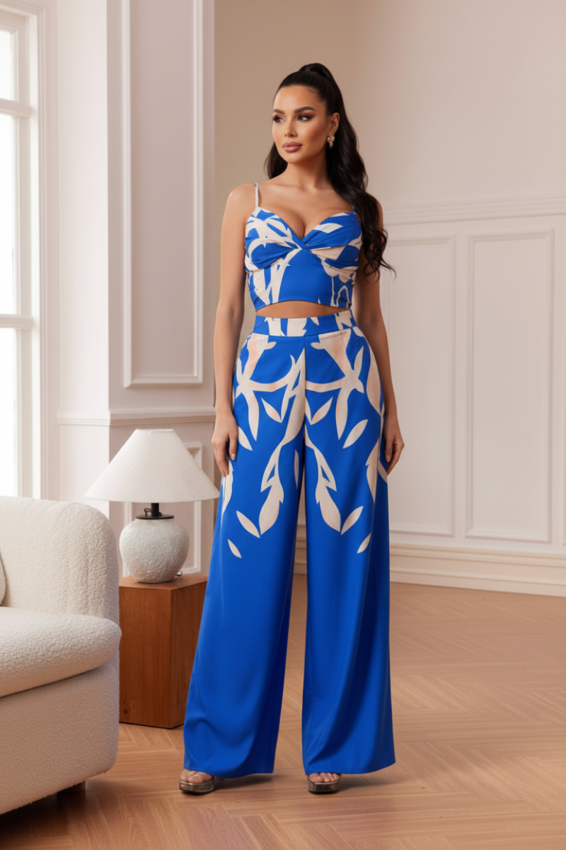 SLEEVELESS CROP TOP AND WIDE FLARE LONG PANTS SET. CWCS34122