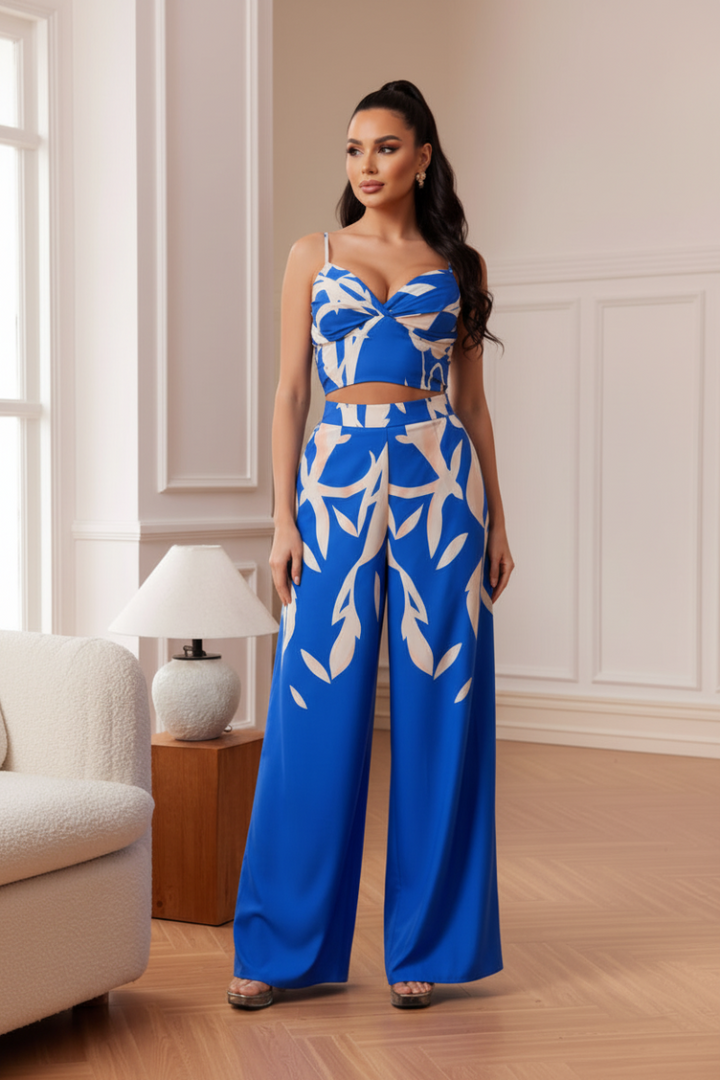SLEEVELESS CROP TOP AND WIDE FLARE LONG PANTS SET. CWCS34122