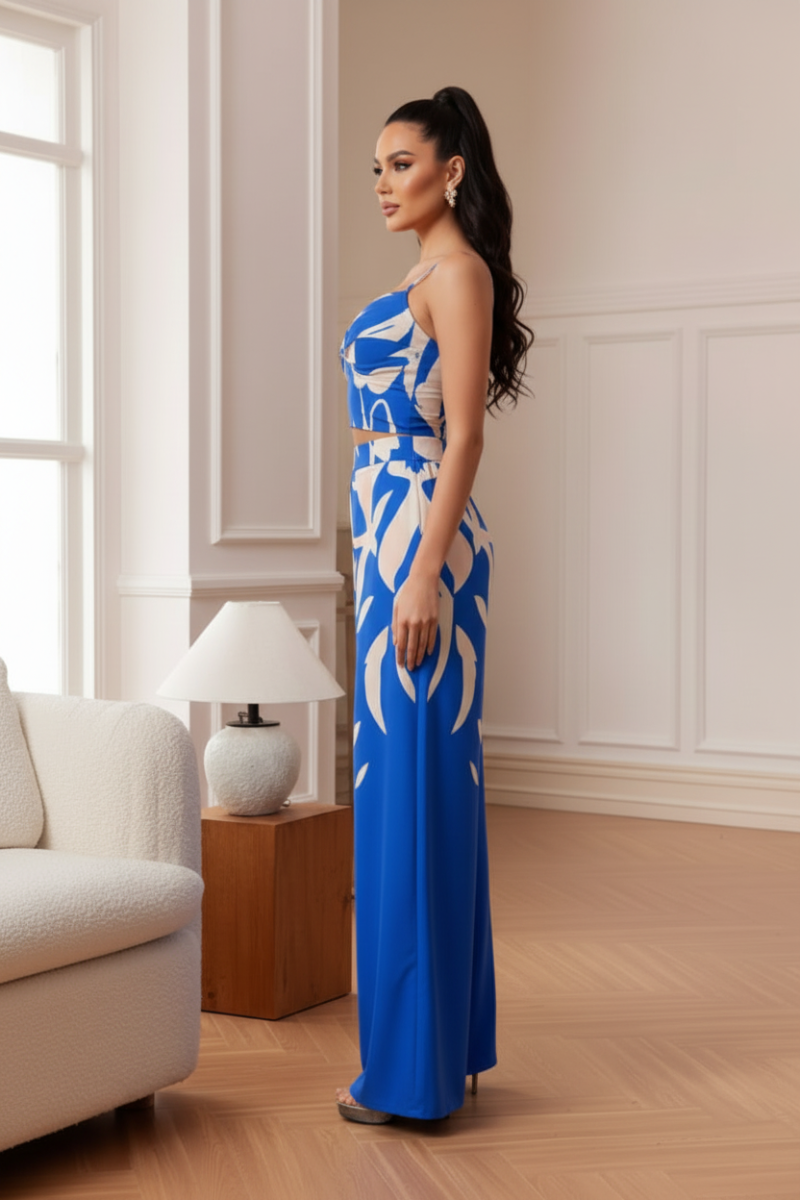 SLEEVELESS CROP TOP AND WIDE FLARE LONG PANTS SET. CWCS34122