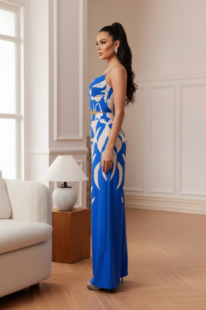 SLEEVELESS CROP TOP AND WIDE FLARE LONG PANTS SET. CWCS34122