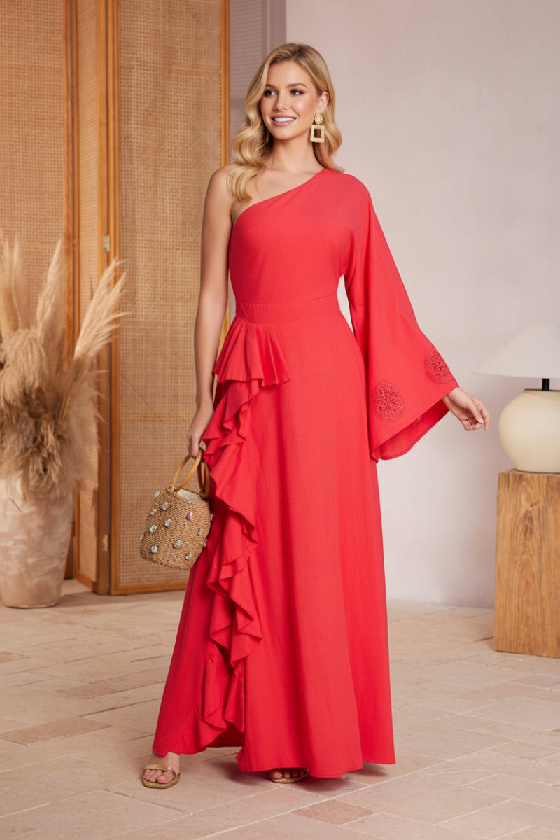 ONE SHOULDER LONG SLEEVE RUFFLE MAXI DRESS. CWCD55971 White / 2S - 2M