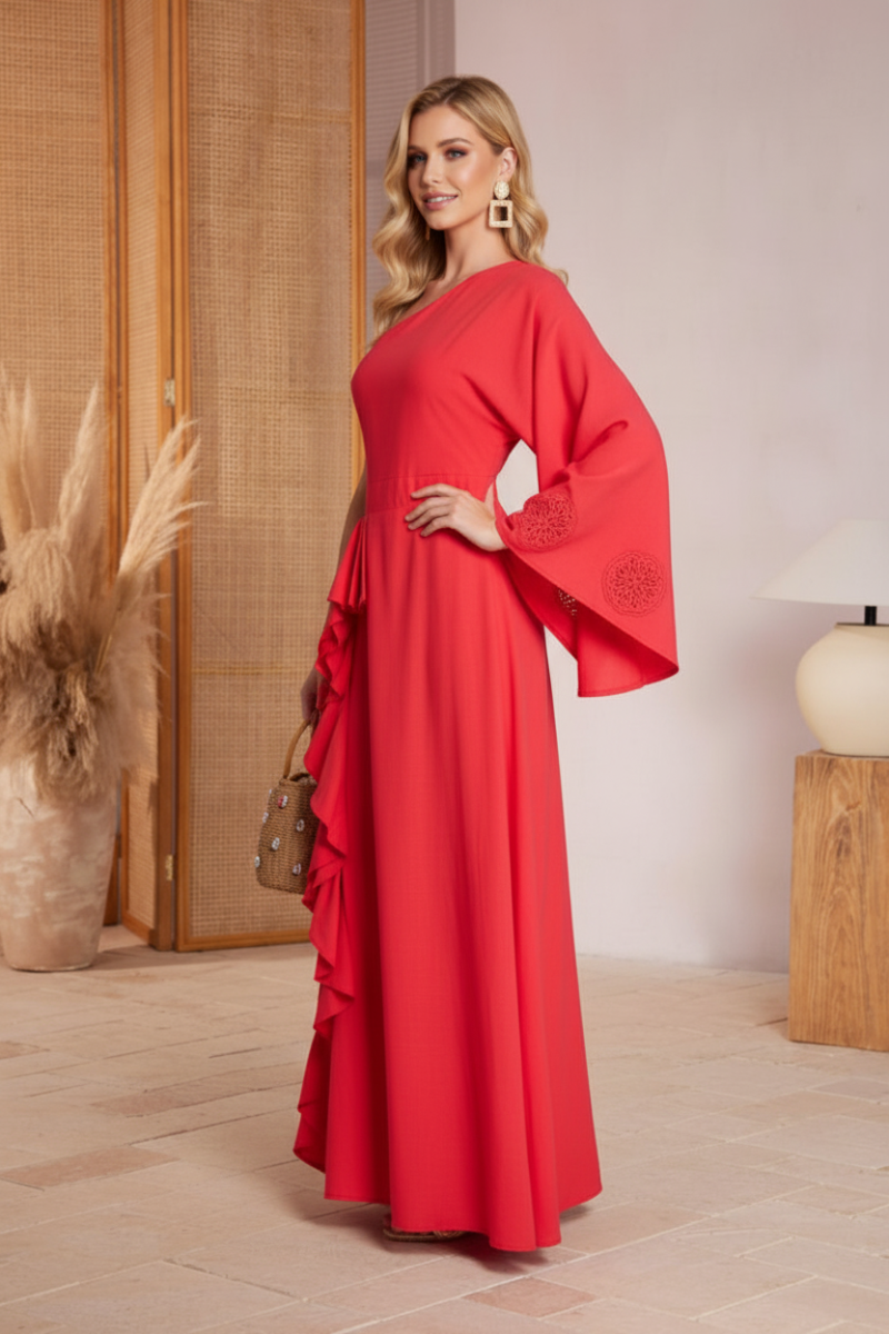 ONE SHOULDER LONG SLEEVE RUFFLE MAXI DRESS. CWCD55971