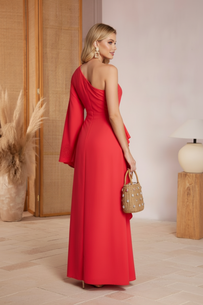 ONE SHOULDER LONG SLEEVE RUFFLE MAXI DRESS. CWCD55971