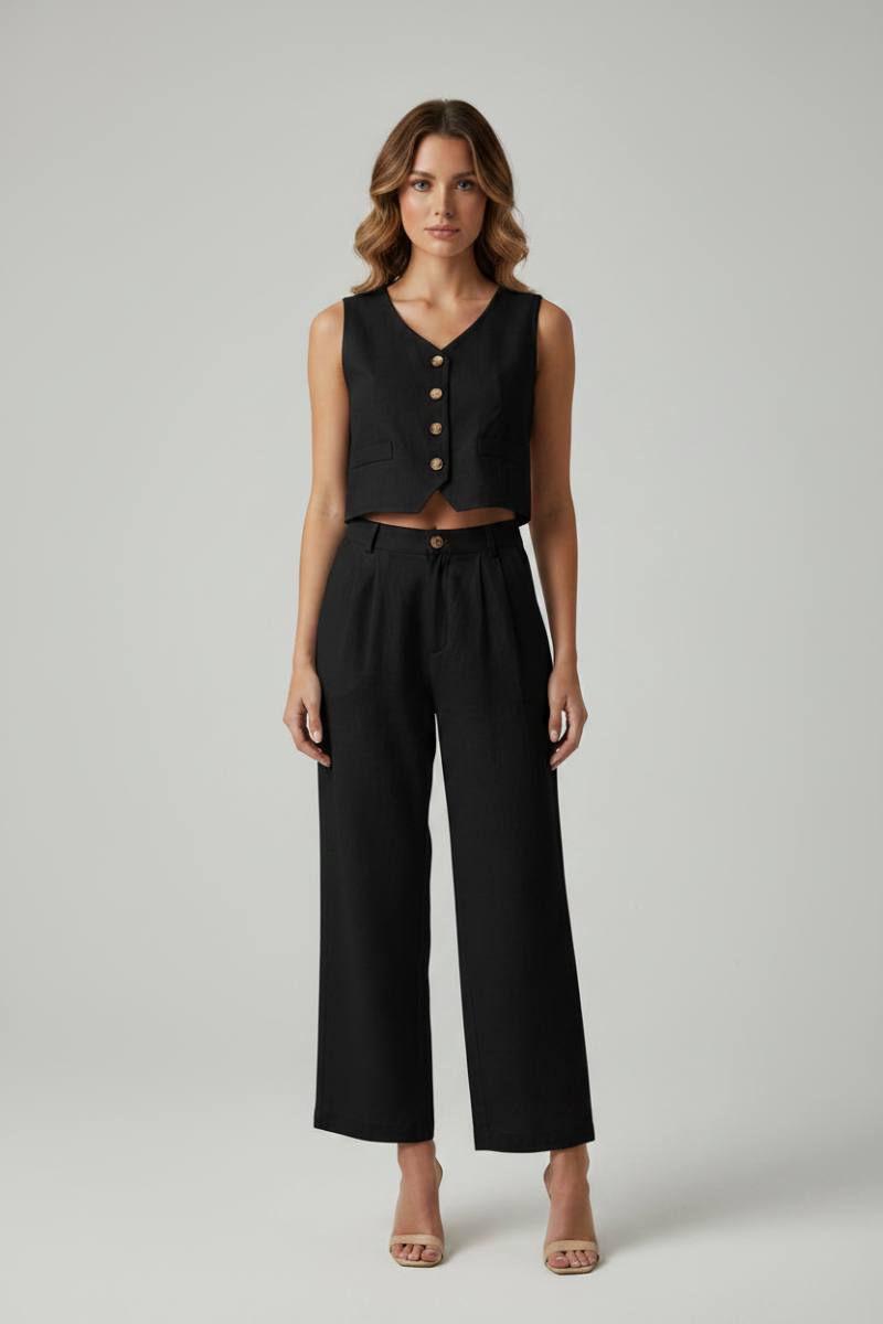 LINEN SLEEVE SOLID TOP AND PANTS SET. CHW027-1