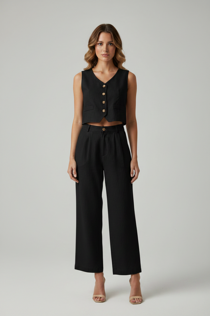 LINEN SLEEVE SOLID TOP AND PANTS SET. CHW027-1