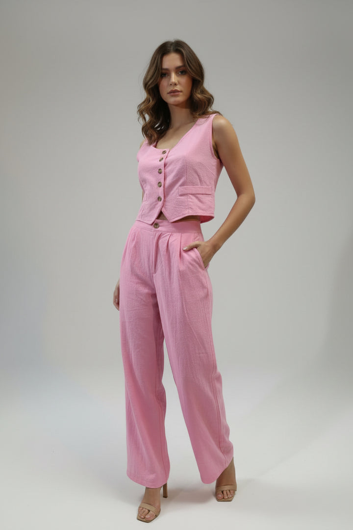 LINEN SLEEVE SOLID TOP AND PANTS SET. CHW027-1