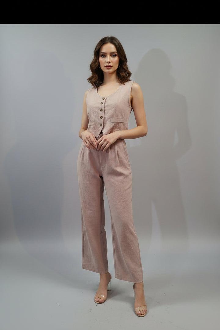 LINEN SLEEVE SOLID TOP AND PANTS SET. CHW027-1