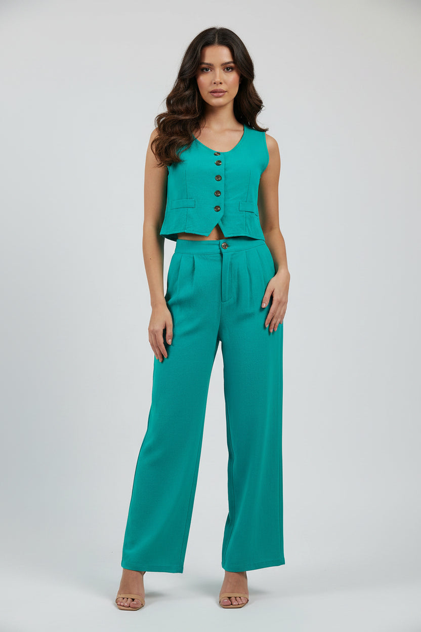 LINEN SLEEVE SOLID TOP AND PANTS SET. CHW027-1
