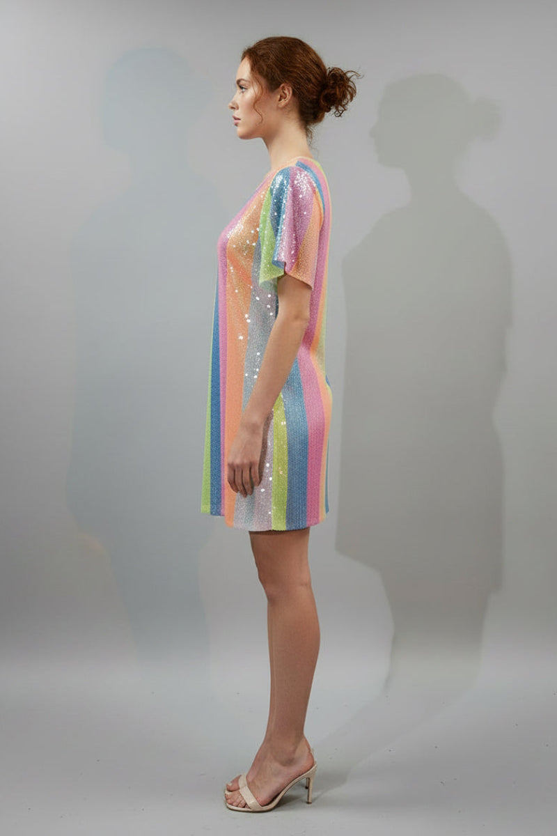 SEQUINS MULTICOLOR SHORT SLEEVE DRESS. D3584
