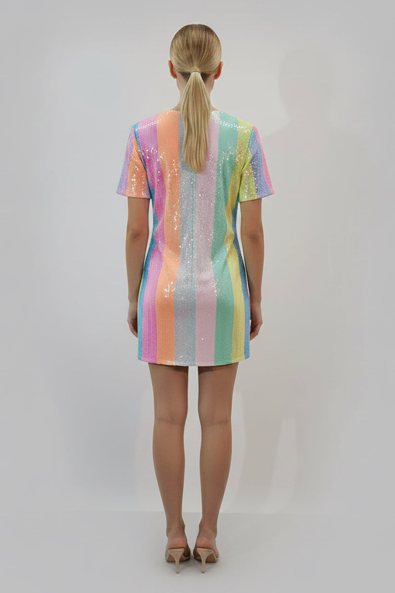 SEQUINS MULTICOLOR SHORT SLEEVE DRESS. D3584