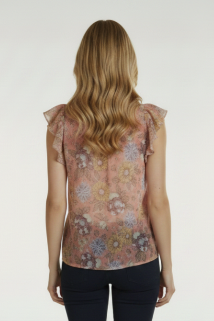 FLORAL PRINT TIE-NECK RUFFLED SLEEVES TOP TY12817PE-