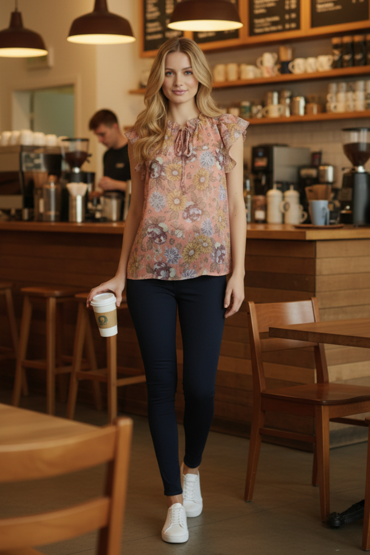 FLORAL PRINT TIE-NECK RUFFLED SLEEVES TOP TY12817PE-