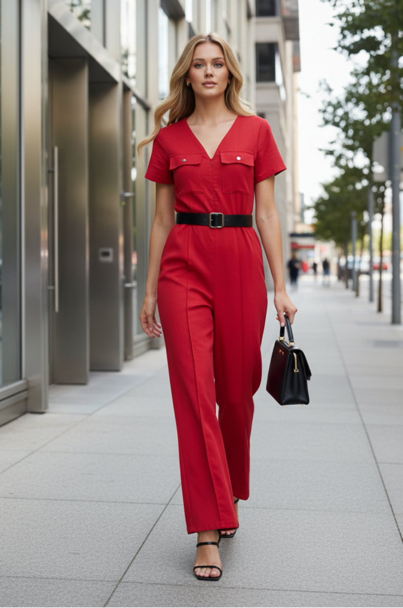 RUST V-NECK SHORT SLEEVES  BELTED WIDE LEG JUMPSUIT AVJ51087-