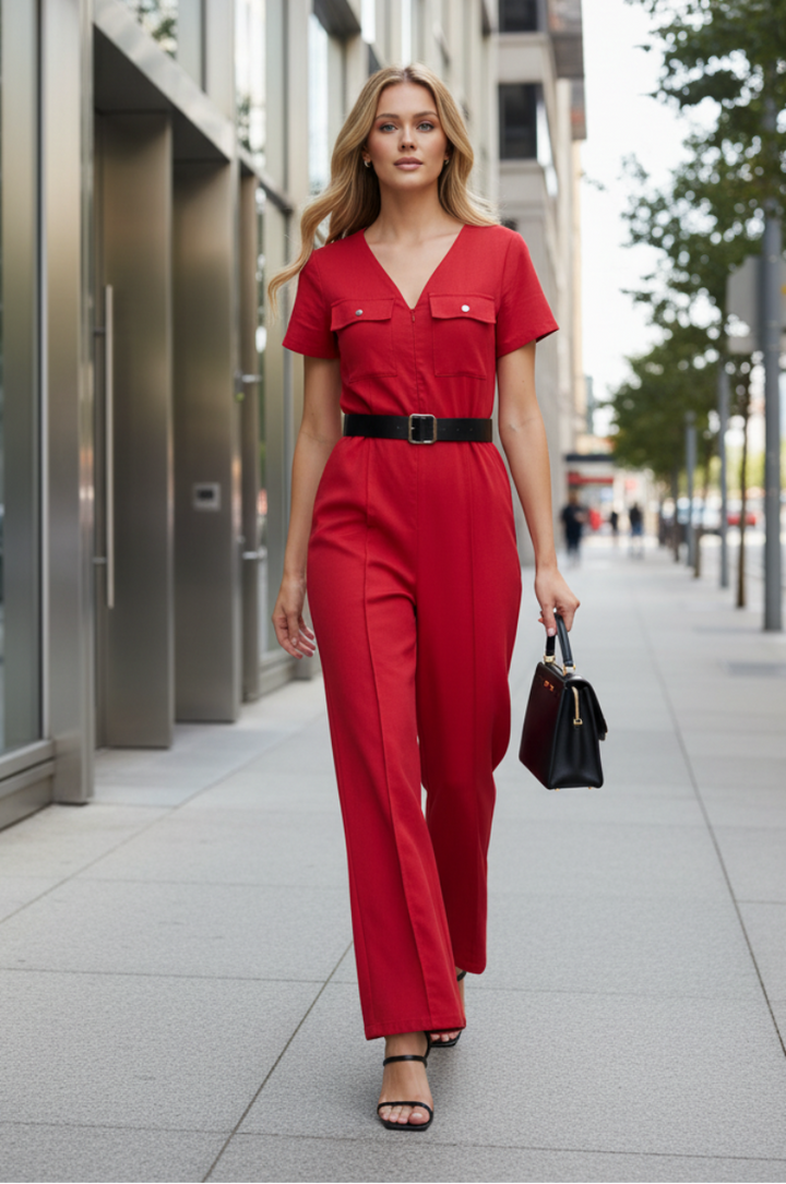RUST V-NECK SHORT SLEEVES  BELTED WIDE LEG JUMPSUIT AVJ51087-
