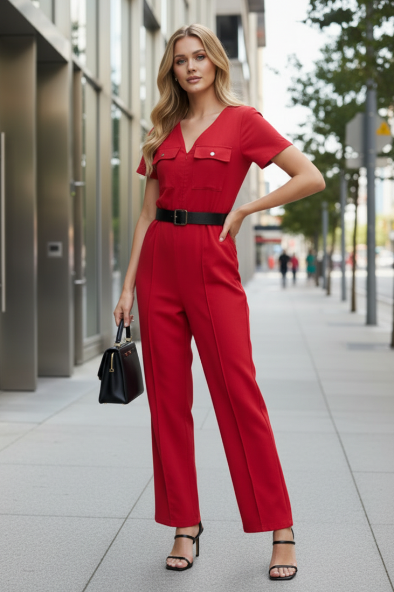 RUST V-NECK SHORT SLEEVES  BELTED WIDE LEG JUMPSUIT AVJ51087-