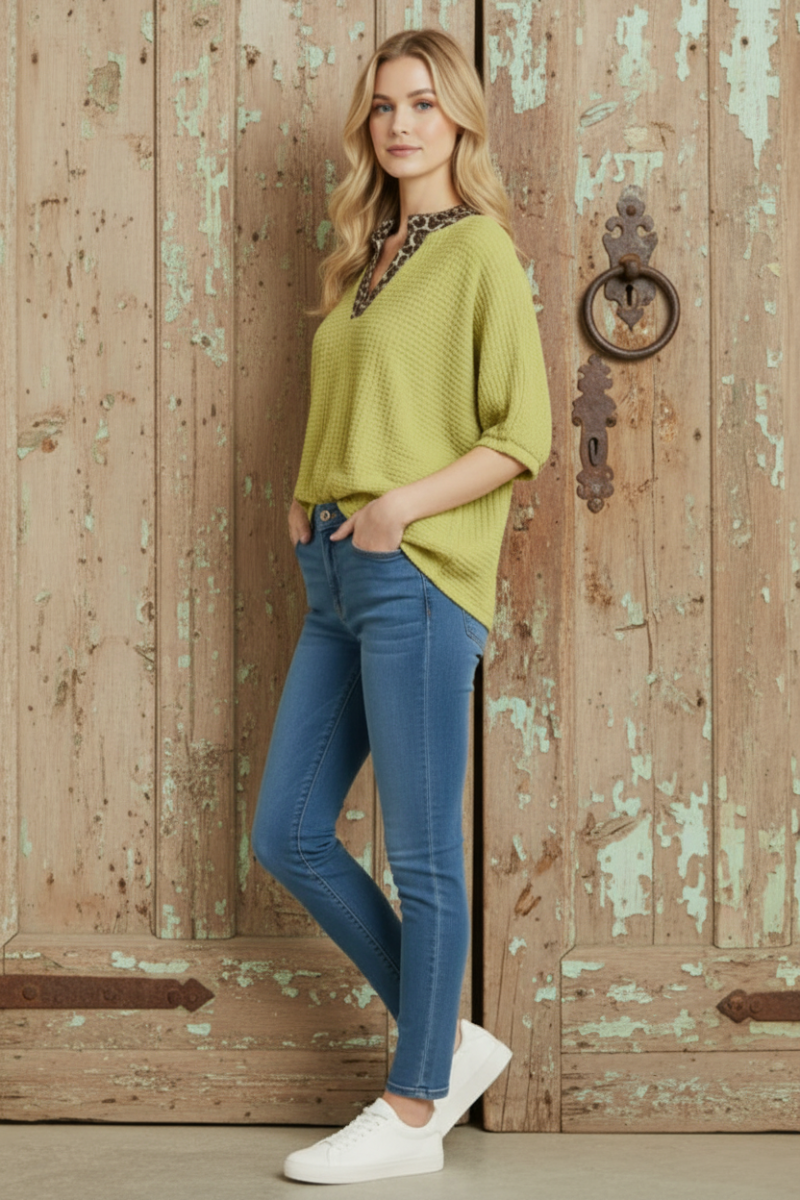 MANDARIN COLLAR ANIMAL PRINT CONTRAST TOP HMET8102