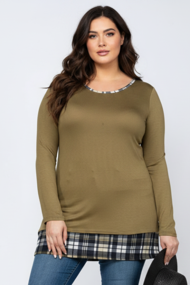 OLIVE PLAID CONTRAST PLUS SIZE TUNIC TOP-LT73249*