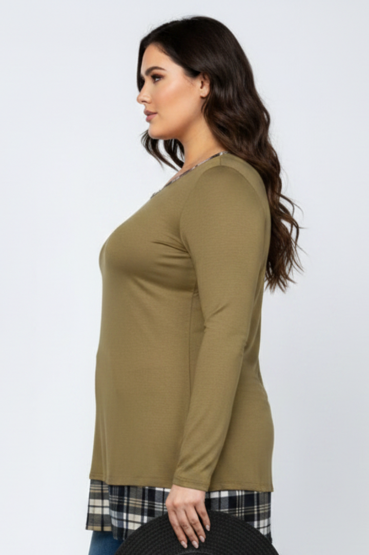 OLIVE PLAID CONTRAST PLUS SIZE TUNIC TOP-LT73249*