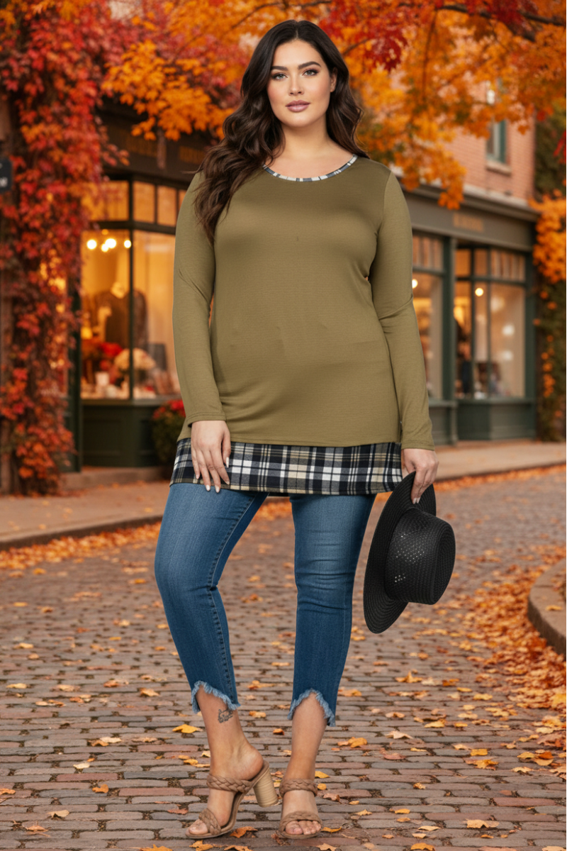 OLIVE PLAID CONTRAST PLUS SIZE TUNIC TOP-LT73249*