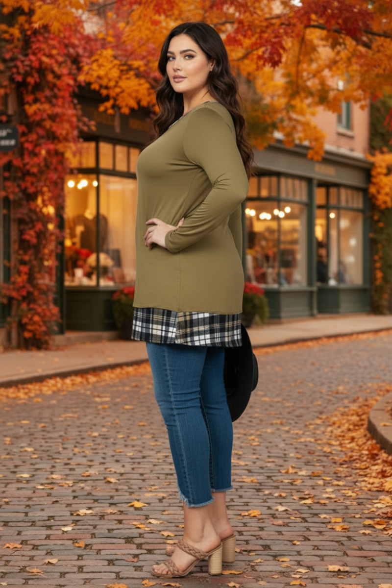 OLIVE PLAID CONTRAST PLUS SIZE TUNIC TOP-LT73249*