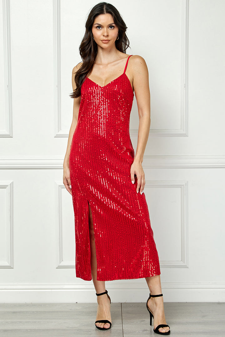RED SEQUINS SPAGHETTI STRAP SIDE SLIT MIDI DRESS AVM51914W