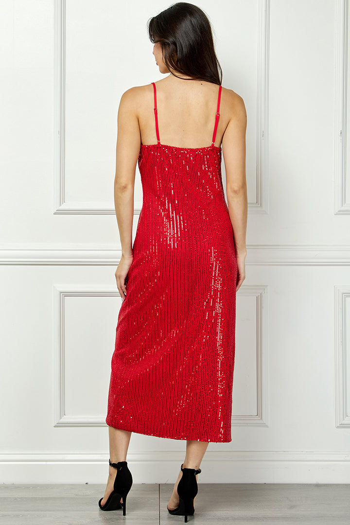 RED SEQUINS SPAGHETTI STRAP SIDE SLIT MIDI DRESS AVM51914W