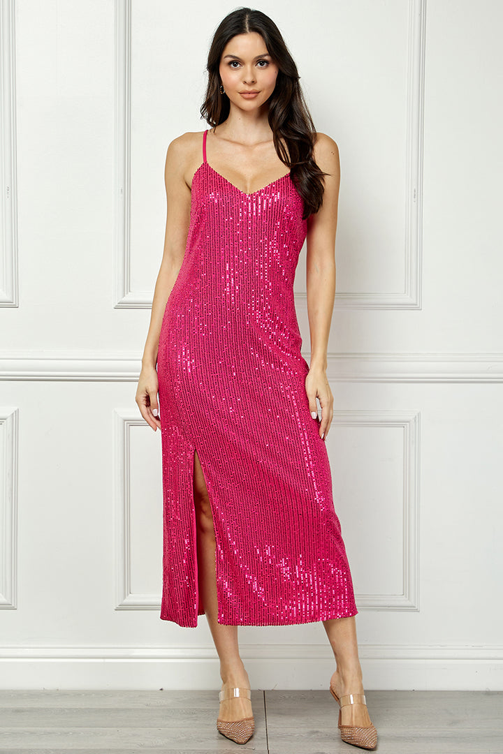 MAGENTA SEQUINS SPAGHETTI STRAP SIDE SLIT MIDI DRESS AVM51914W