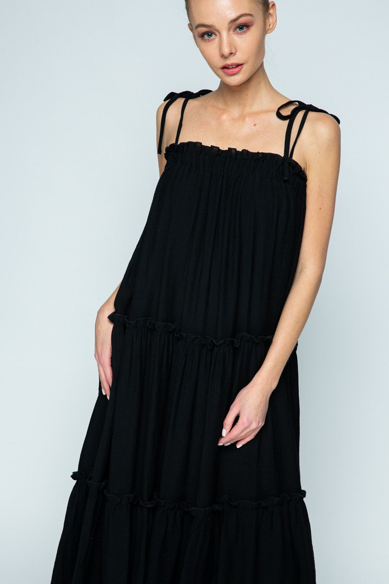 BLACK SELF-TIE SPAGHETTI STRAP RUFFLED SWING MAXI DRESS MDR8421 *