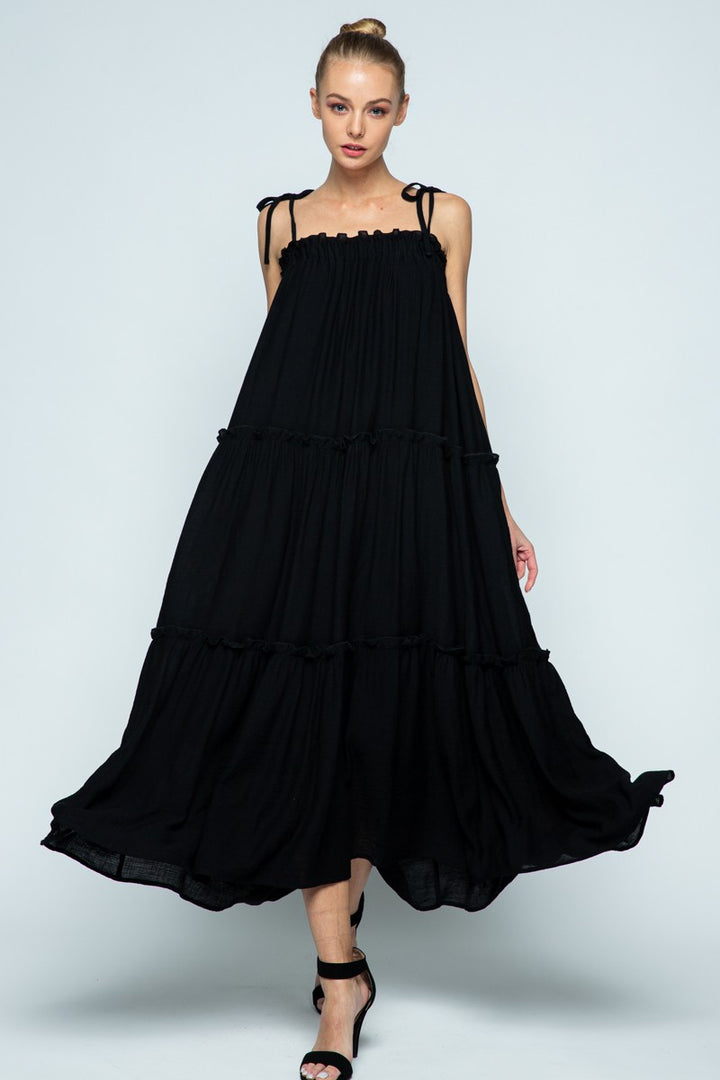 BLACK SELF-TIE SPAGHETTI STRAP RUFFLED SWING MAXI DRESS MDR8421 *
