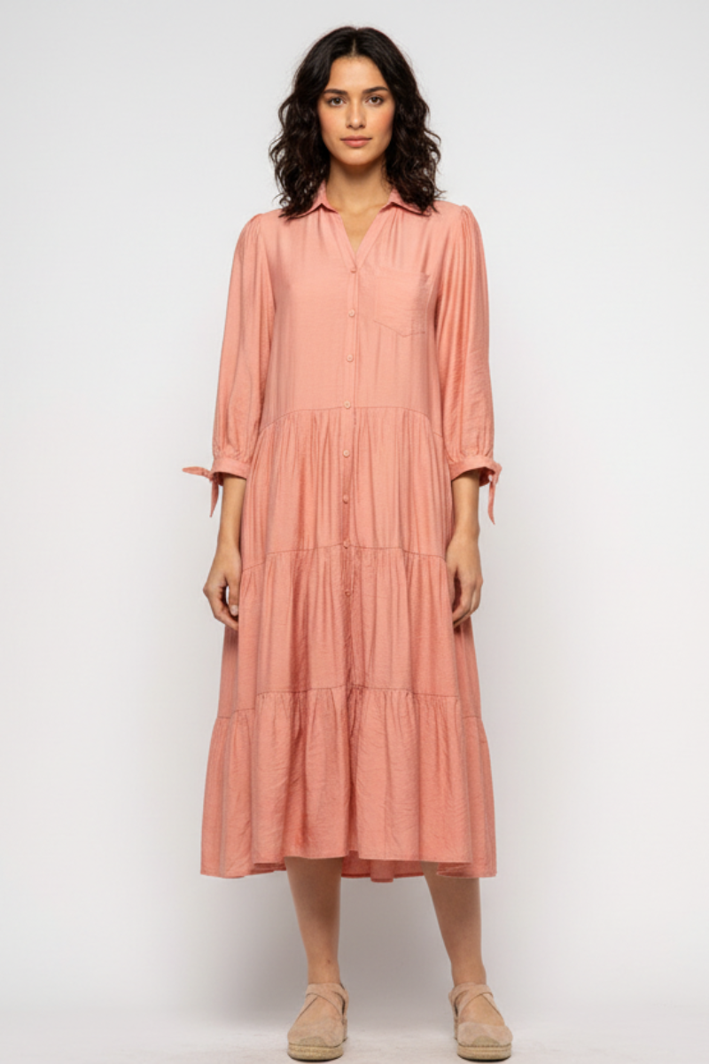 BLUSH COLLARED BUTTON DOWN RUFFLED MAXI DRESS MDR8829-