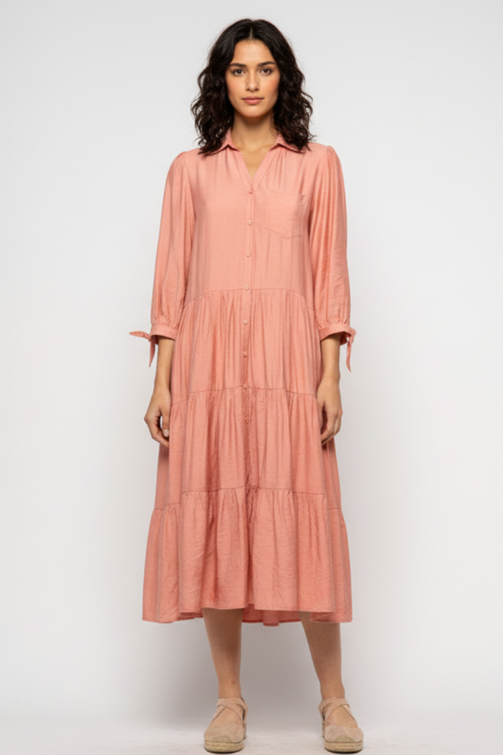 BLUSH COLLARED BUTTON DOWN RUFFLED MAXI DRESS MDR8829-