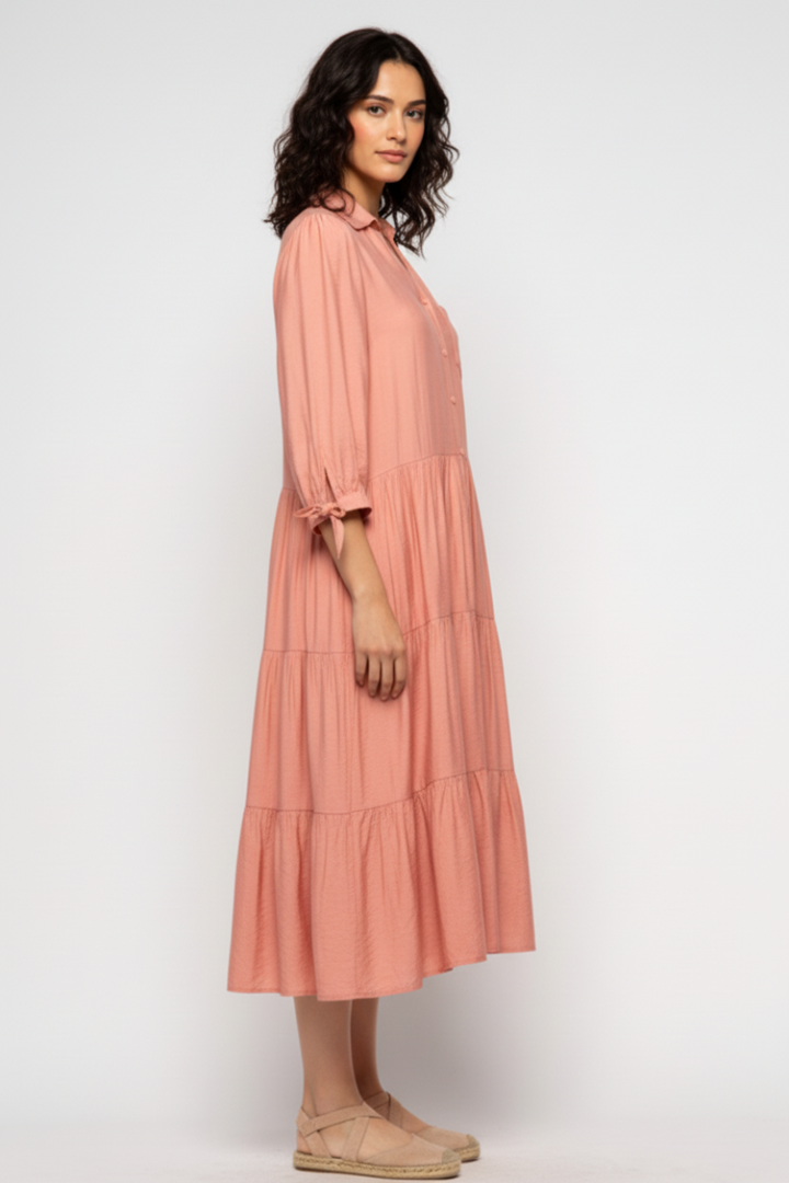 BLUSH COLLARED BUTTON DOWN RUFFLED MAXI DRESS MDR8829-