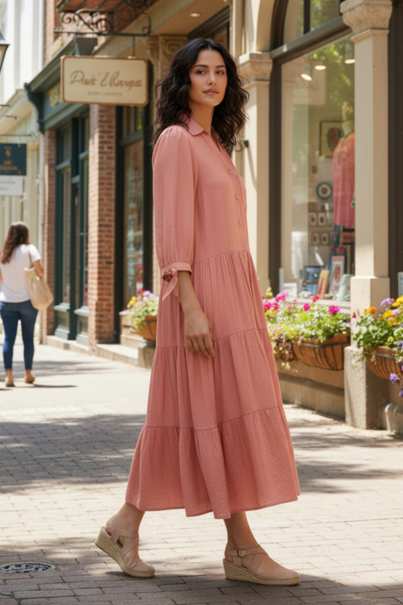 BLUSH COLLARED BUTTON DOWN RUFFLED MAXI DRESS MDR8829-