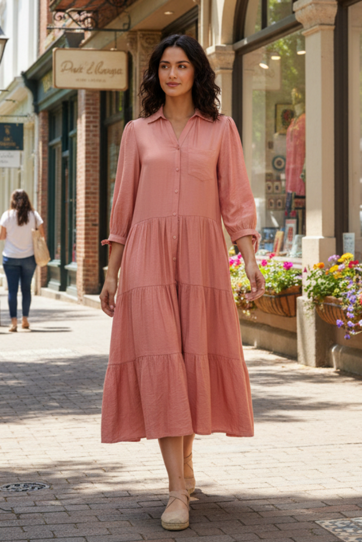 BLUSH COLLARED BUTTON DOWN RUFFLED MAXI DRESS MDR8829-